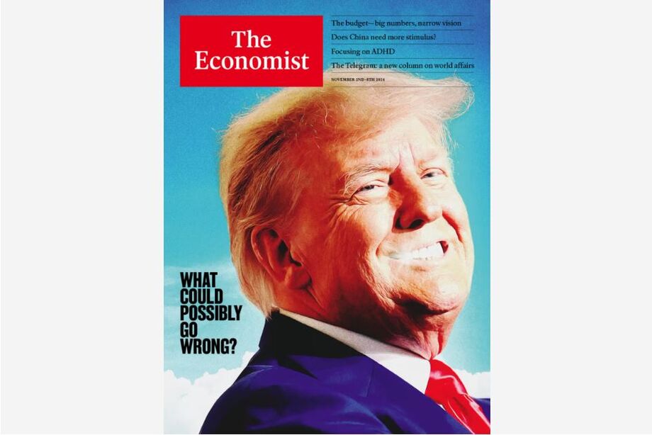 Imagem da capa semanal da revista britânica The Economist, publicada nesta quinta-feira, 31. Revista declara apoio a Kamala Harris e chama Donald Trump de um risco inaceitável