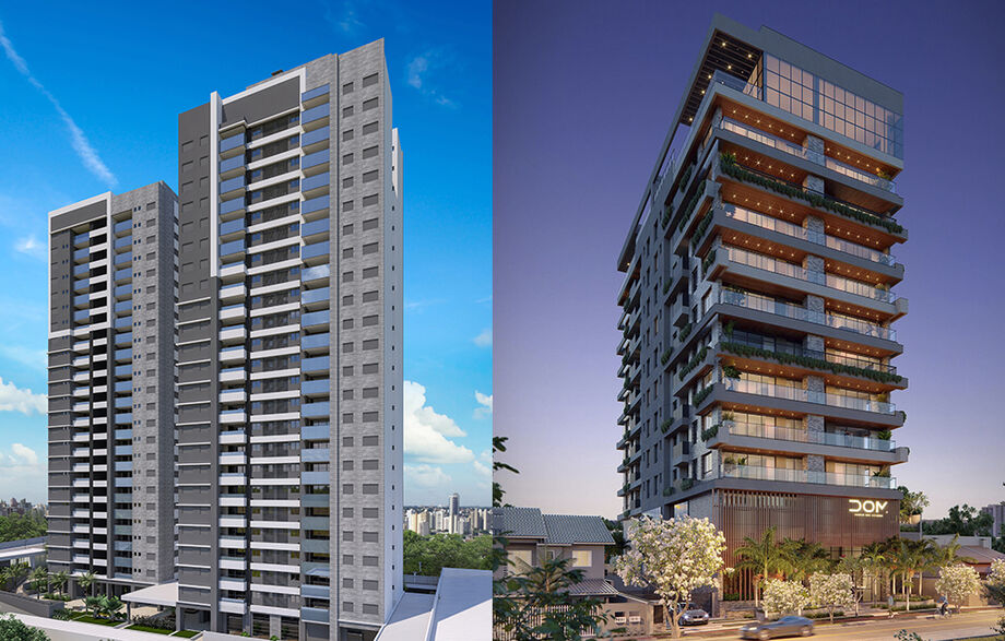 Esq. Entrega da Plaenge, as torres Cabernet e Toscana, no Jardim Bela Vista, em julho de 2024 / Dir. Projeto autoral e original 'Dom' com assinatura da Norden Arquitetura traz o conceito de modernidade sustentável