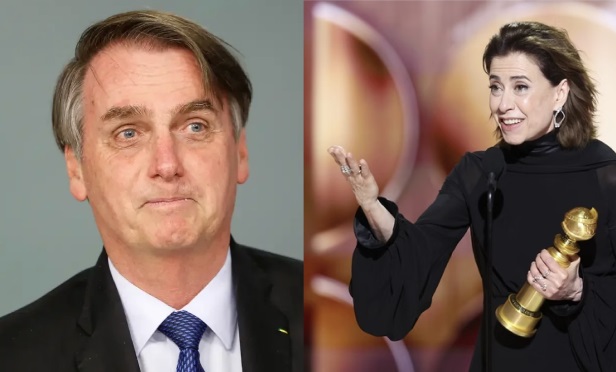 À esquerda, Jair Bolsonaro, ex-presidente do Brasil, que criticou a Lei Rouanet após a vitória de Fernanda Torres no Globo de Ouro. À direita, Fernanda Torres segura o troféu após ganhar na categoria Melhor Atriz em Filme de Drama.