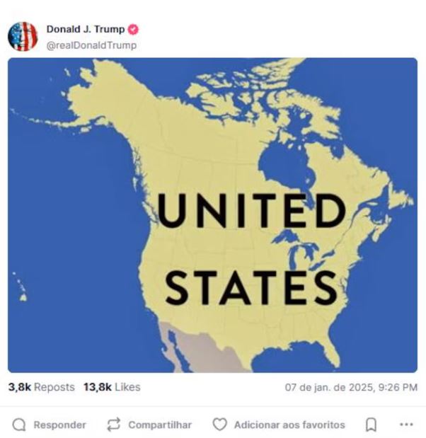 Trump postou a imagem em sua rede Truth Social um dia após ter afirmado, depois de o primeiro-ministro Justin Trudeau anunciar sua renúncia, que o Canadá deveria se fundir com os Estados Unidos.
