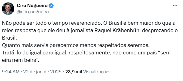 Publicação feita pelo senador Ciro Nogueira em seu X (antigo twitter)