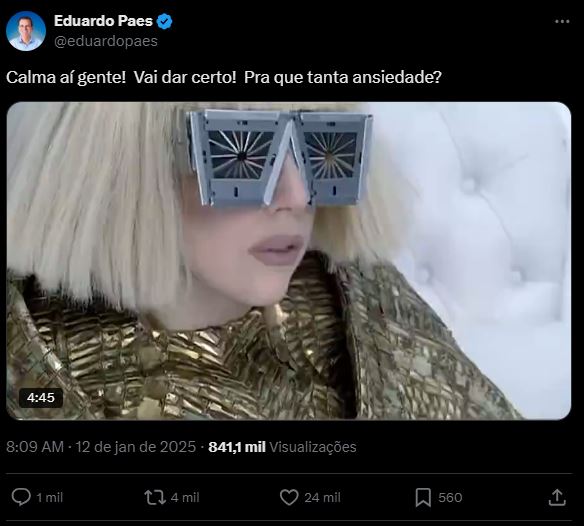 Post do prefeito em seu X (antigo twitter)