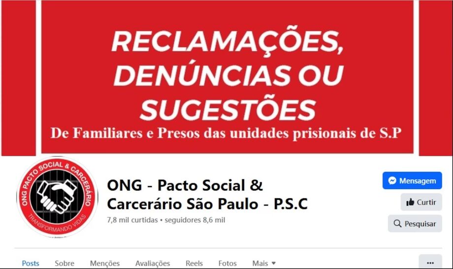 Página da ONG Pacto Social & Carcerário S.P Associação de Familiares e Amigos de Reclusos no Facebook; decisão judicial mandou tirar ao ar perfis da entidade nas redes.