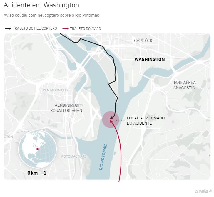 Avião colidiu com helicóptero sobre o Rio Potomac