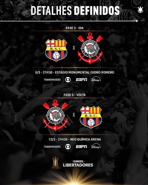 Corinthians enfrenta Barcelona-EQU; Jogo de ida será dia 5
