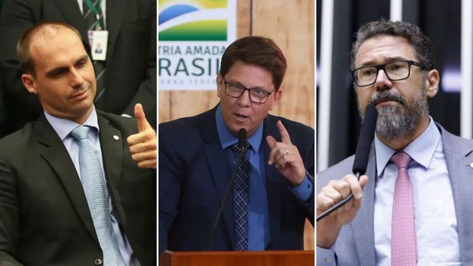 Deputados Eduardo Bolsonaro (PL-SP), Mário Frias (PL-SP) e Marcos Pollon (PL-MS), que destinaram verba para a produção do documentário 'Genocidas'