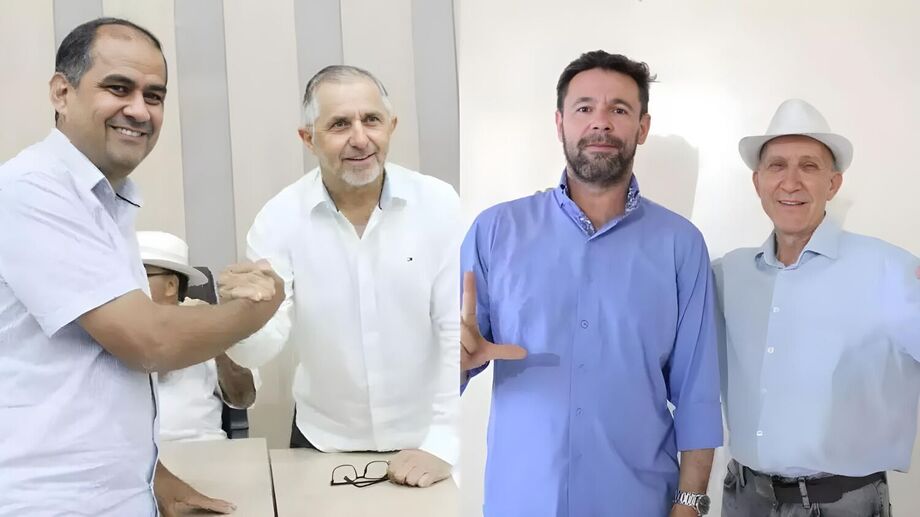 Hélio Acosta (PSDB) e Alfredo Soares dos Santos (MDB) à esquerda, e Jorge Ricardo Laurício (PT) e Vicente Jonas de Araújo Maciel (PT) à direita, candidatos na eleição suplementar para a prefeitura de Paranhos.