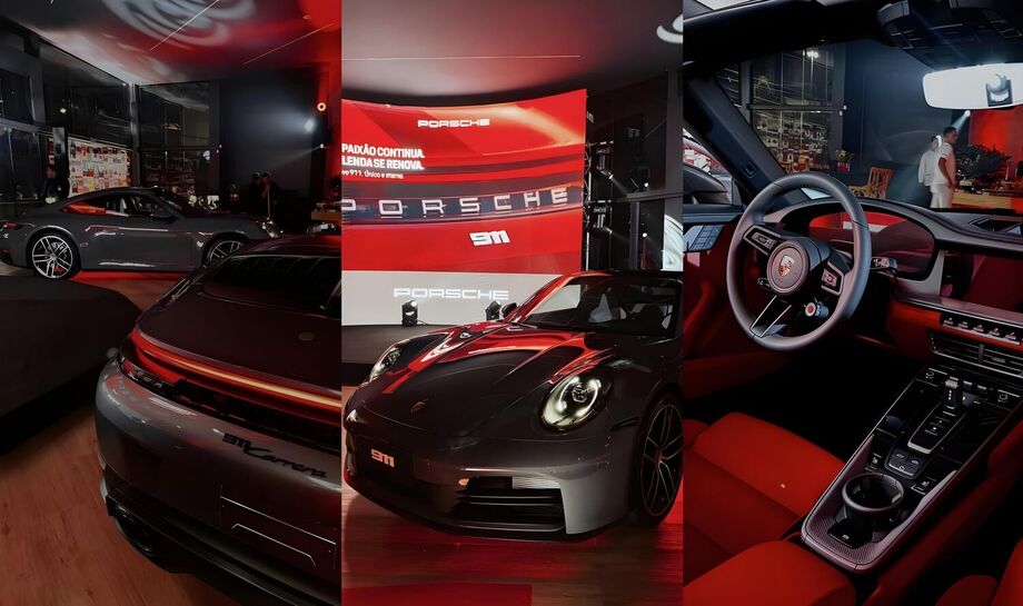 Novo Porsche 911 é apresentado no recém-inaugurado Espaço Porsche em Campo Grande (MS). Com painel digital, faróis atualizados e motor de 394 cv, o modelo mantém detalhes clássicos, como o botão de partida à esquerda do volante agora digital.