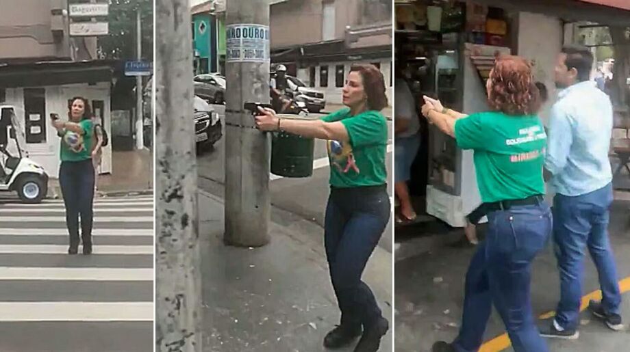 Deputada federal Carla Zambelli (PL-SP) com arma em punho durante confusão em São Paulo na véspera da eleição de 2022