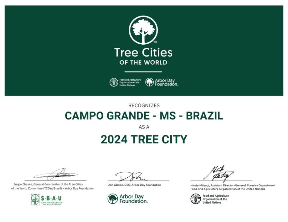 O certificado que concede a Campo Grande o sexto título de Cidade Árvore do Mundo.