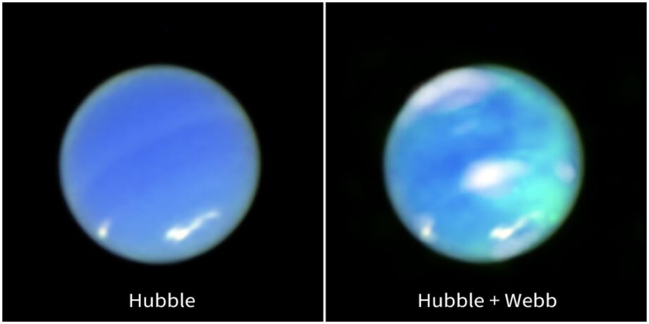 Imagem de Netuno em cores aprimoradas do Telescópio Espacial Hubble da Nasa, à esquerda. À direita, essa imagem é combinada com dados do Telescópio Espacial James Webb da NASA. Foto: NASA, ESA, CSA, STScI, Heidi Hammel