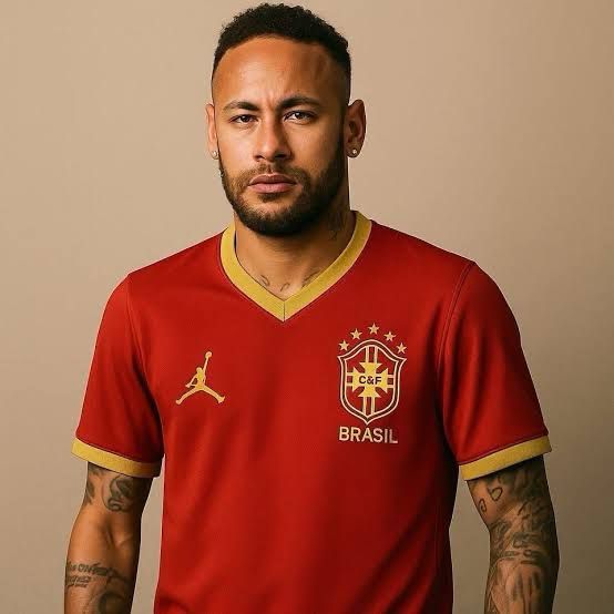 Neymar aparece vestindo o modelo que seria a nova camisa vermelha da Seleção Brasileira para a Copa do Mundo de 2026.