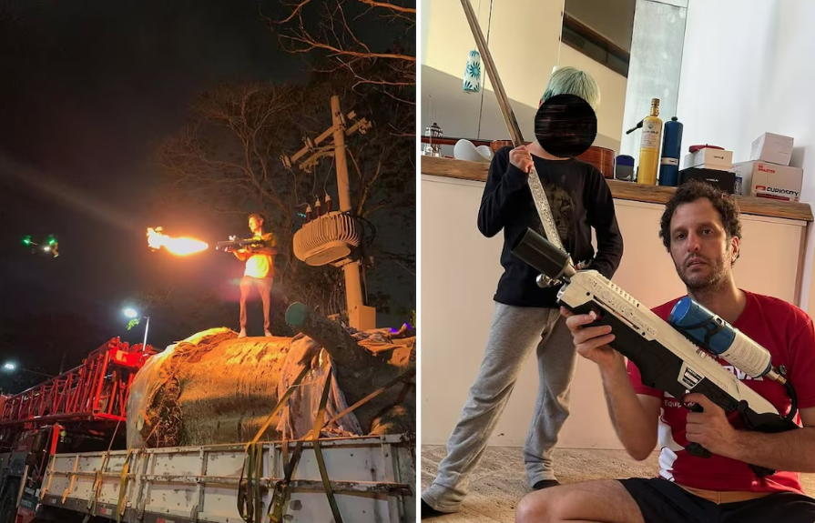 Empresário apagou vídeo polêmico, mas mantém imagens com o lança-chamas nas redes sociais; à direta, posa com o equipamento ao lado de um dos filhos de Pedro Scooby e Luana Piovani.