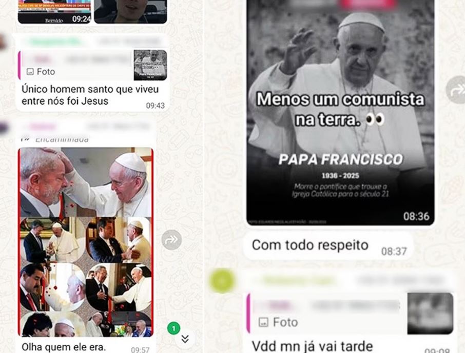 Mensagens que foram atribuídas a PMs mostram comentários ofensivos sobre a morte do papa Francisco.