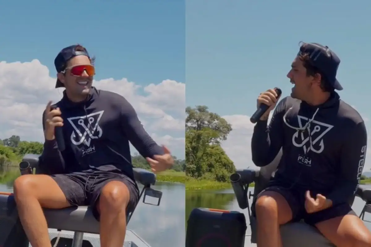 Luan Santana transforma passeio em Corumbá (MS) em clipe improvisado no rio Paraguai e canta Dona com microfone, caixa de som e um céu que também escutava