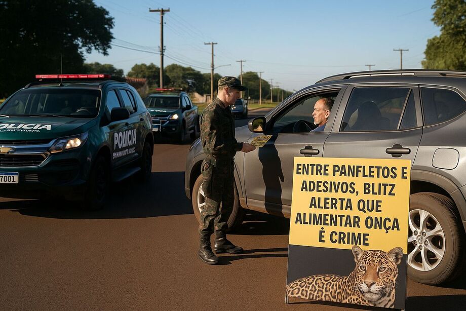 Policial militar ambiental distribui material informativo durante blitz na BR-262, em Campo Grande; ação alerta sobre os riscos e a ilegalidade de alimentar animais silvestres.