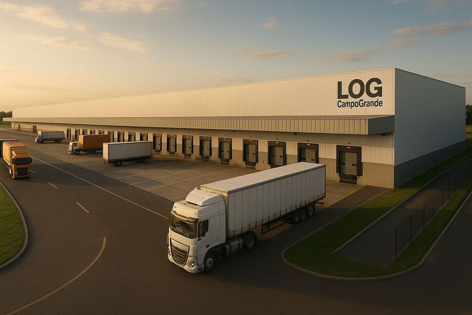 Simulação do centro logístico LOG Campo Grande Unidade II, que será construído no bairro Rita Vieira, com acesso exclusivo pela BR-163. Projeto prevê 32 armazéns e geração de 750 empregos.