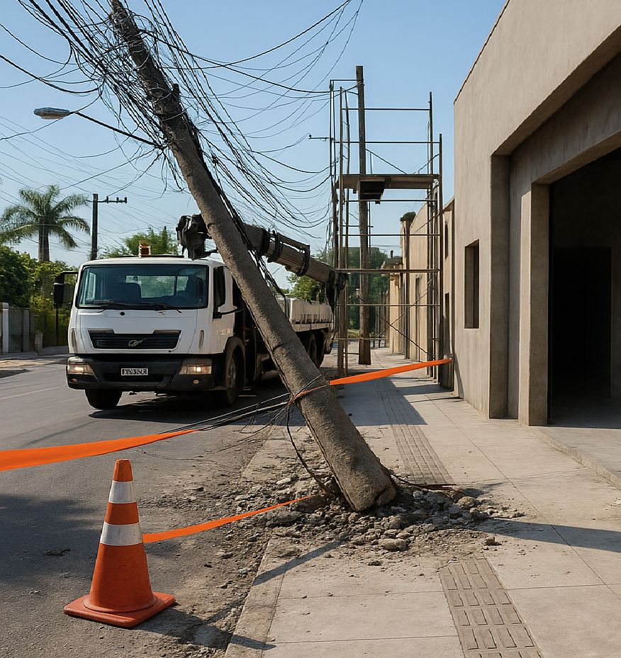 Poste de energia danificado após colisão em via urbana. Acidentes como esse causam interrupção no fornecimento de energia e geram custos que, quando não pagos pelo responsável, podem ser repassados à conta de luz dos consumidores.