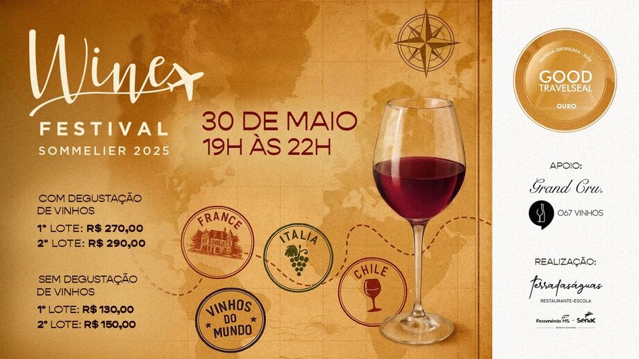 A partir das 19h, o restaurante-escola terradaságuas, do Senac Turismo e Gastronomia, será o palco do Wine Festival Sommelier 2025, um evento especial que comemora a formatura dos alunos do curso de sommelier.