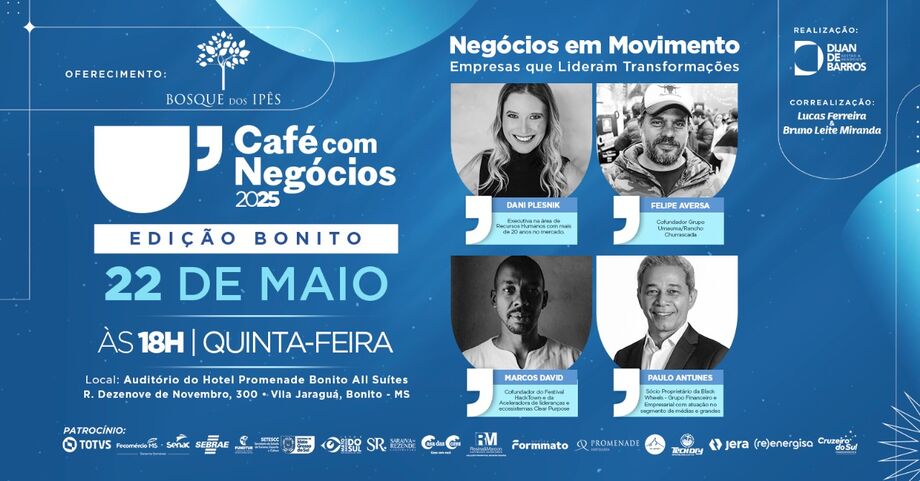 Bonito recebe Café com Negócios em 22 de maio com foco em inovação e transformação empresarial.