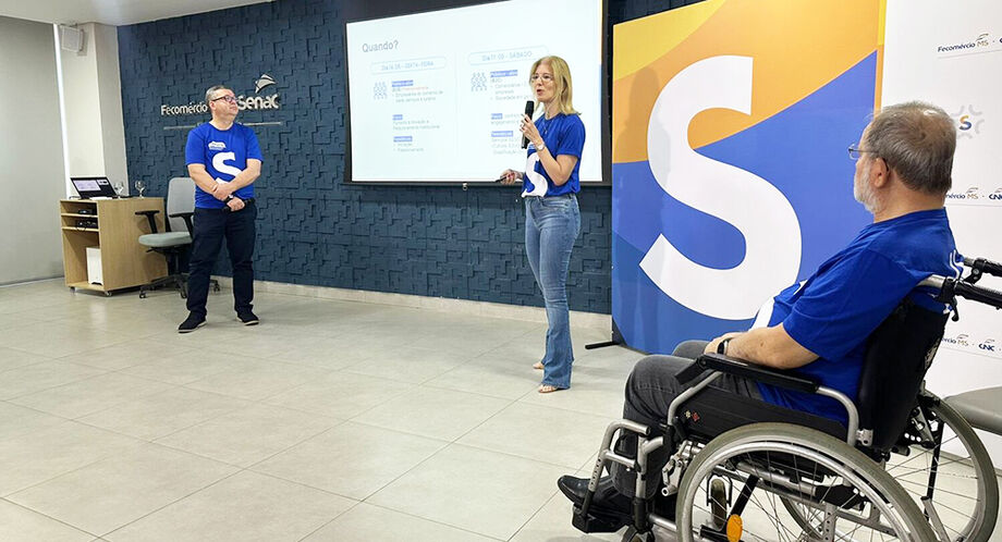 Vitor Mello (Sesc MS), Jordana Duenha (Senac MS) e Edison Araújo (Fecomércio-MS) durante café da manhã com a imprensa, apresentando a programação da Semana S do Comércio