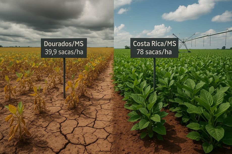 Diferença no rendimento da soja: em Dourados, estiagem derrubou produtividade para 39,9 sacas por hectare; em Costa Rica, com irrigação, rendimento chegou a 78 sacas por hectare.