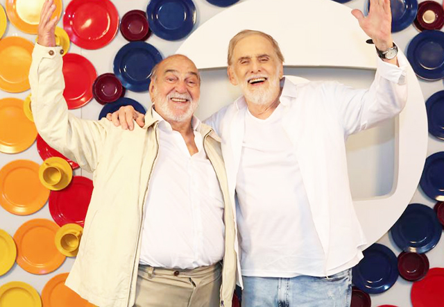 Lima Duarte e Francisco Cuoco durante gravações de mensagem de fim de ano na Globo