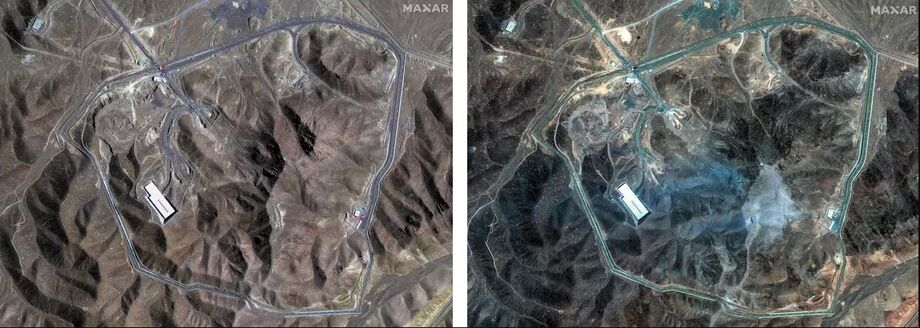 Combinação de fotos, com imagens de satélite divulgadas pela Maxar Technologies, mostra a Usina de Enriquecimento de Combustível de Fordow (FFEP), no Irã, em 19 de junho (à esquerda) e após os ataques dos EUA em 22 de junho (à direita)