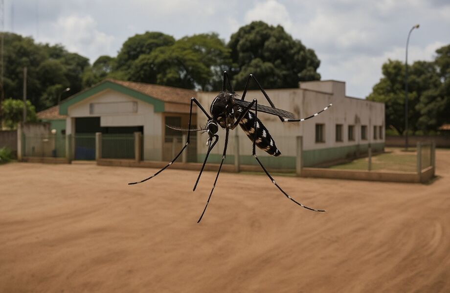 Ilustração do mosquito Aedes aegypti sobre vista do posto de saúde de Culturama; distrito de Fátima do Sul enfrenta surto de dengue e chikungunya.