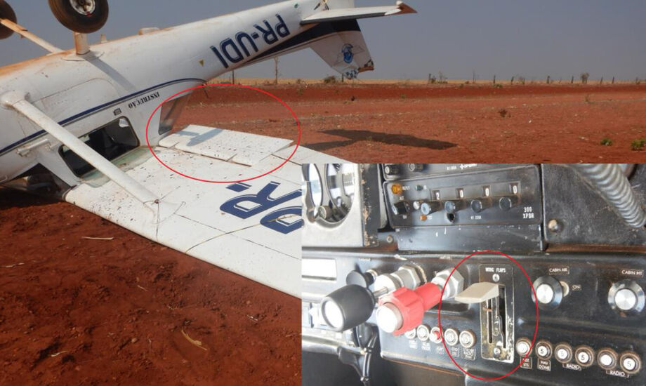Avião Cessna 152, prefixo PR-UDI, capotado após pouso no aeródromo Quatro Ventos, em Uberlândia; flapes foram encontrados recolhidos, como mostra o detalhe no painel de controle.