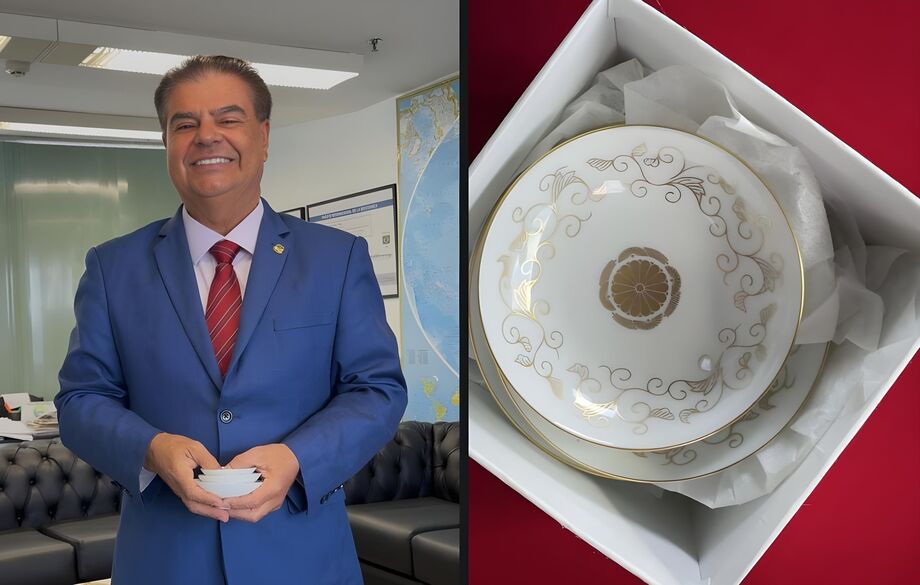 O senador Nelsinho Trad exibe o presente enviado pela princesa Kako do Japão: um conjunto de porcelana japonesa entregue pela Embaixada em reconhecimento à amizade com a comunidade nipo-brasileira.