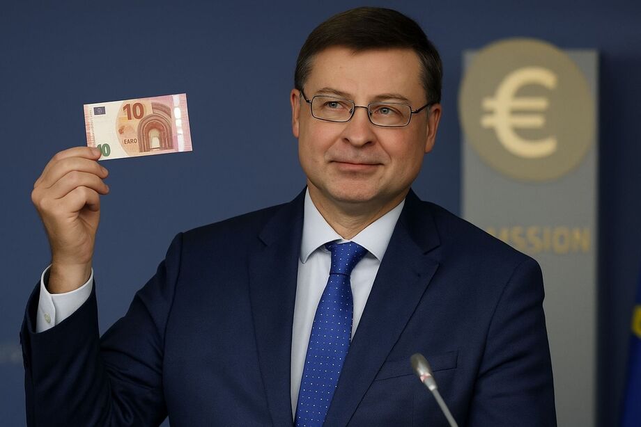 Valdis Dombrovskis, comissário de Economia da União Europeia, segura uma nota de euro durante coletiva em Bruxelas, no dia 8 de julho, data em que foi anunciada a entrada da Bulgária na zona do euro