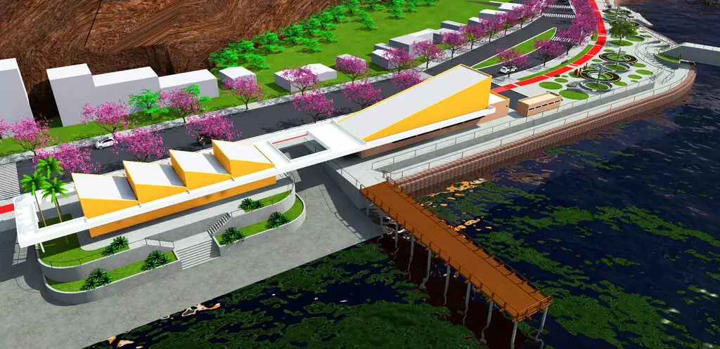 Projeto arquitetônico mostra como ficará a nova orla de Corumbá, com mirante, praça, pista de caminhada e píer sobre o Rio Paraguai.
