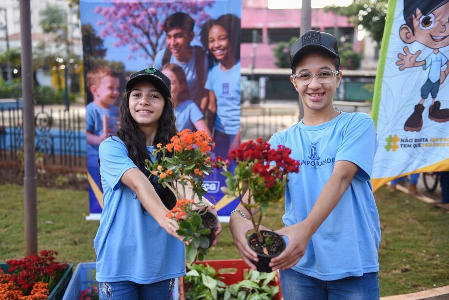 Alunos embelezam a Praça Ary Coelho com 400 mudas produzidas em Rochedinho