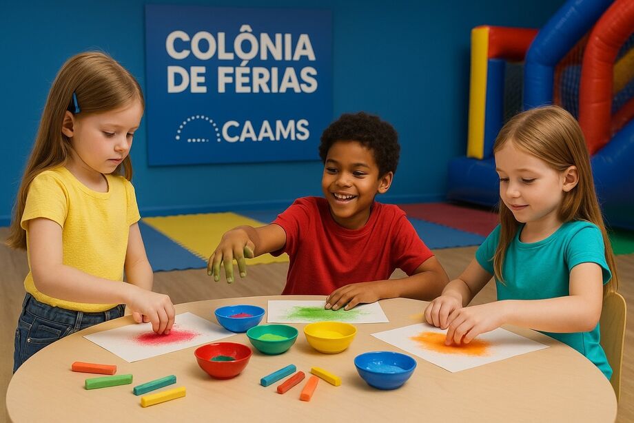Crianças participam de atividade artística durante a Colônia de Férias promovida pela CAAMS em Campo Grande
