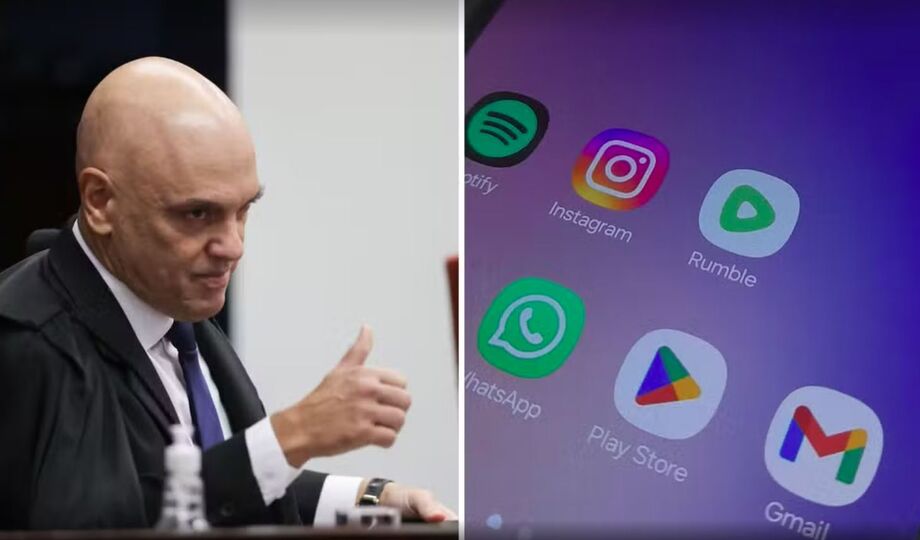 Alexandre de Moraes (à direita); Rumble (à esquerda) e Trump Media