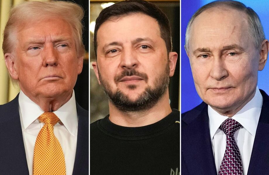 Os presidentes Donald Trump, Vladimir Zelensky e Vladimir Putin