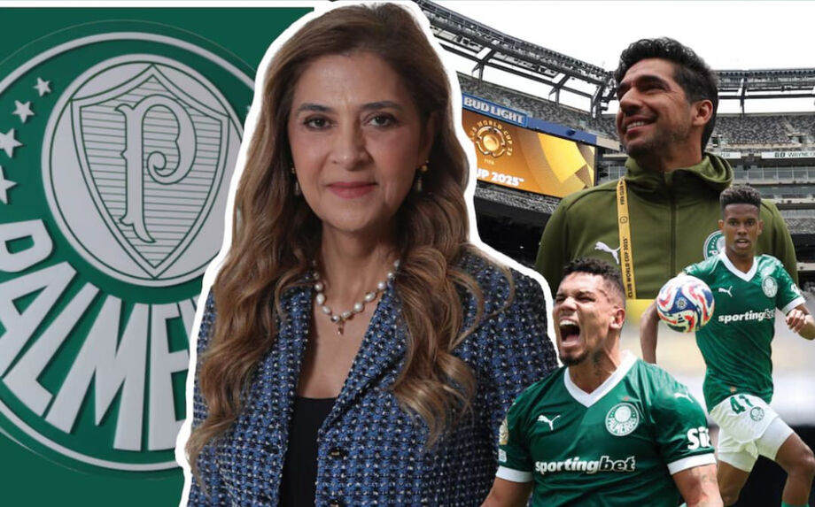 Leila Pereira, presidente do Palmeiras, ao lado do técnico Abel Ferreira e jogadores do elenco alviverde durante a participação no Mundial de Clubes 2025, nos Estados Unidos;