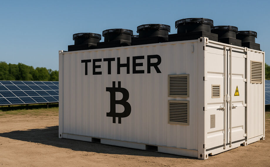 Instalação ilustrativa de contêiner de mineração de Bitcoin alimentado por energia solar. Projeto da Tether em Mato Grosso do Sul prevê uso de energia renovável em data center local