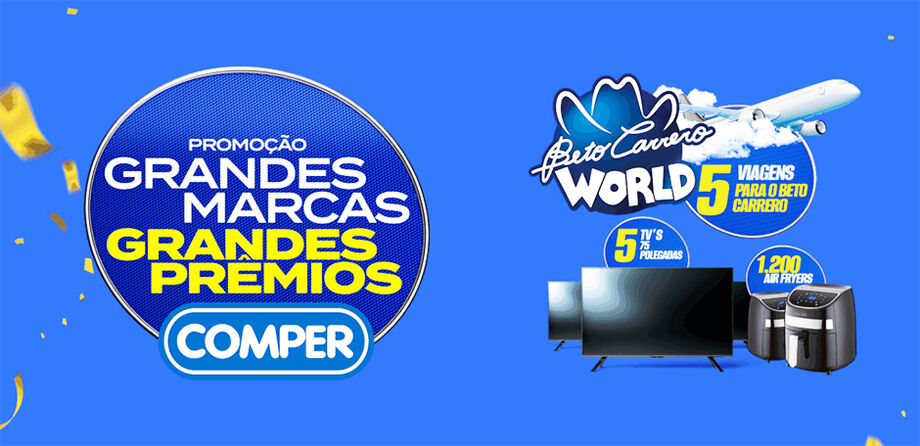 Promoção do Comper sorteará Air fryers, TVs e viagens até 31 de agosto para clientes que comprarem R$ 30 em produtos selecionados.