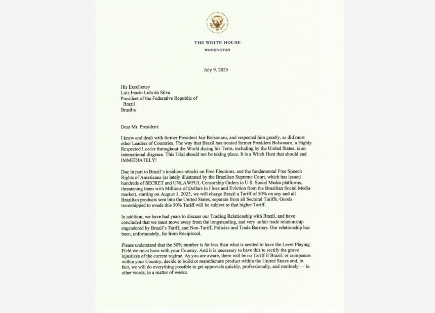 Carta de Trump enviada a Lula