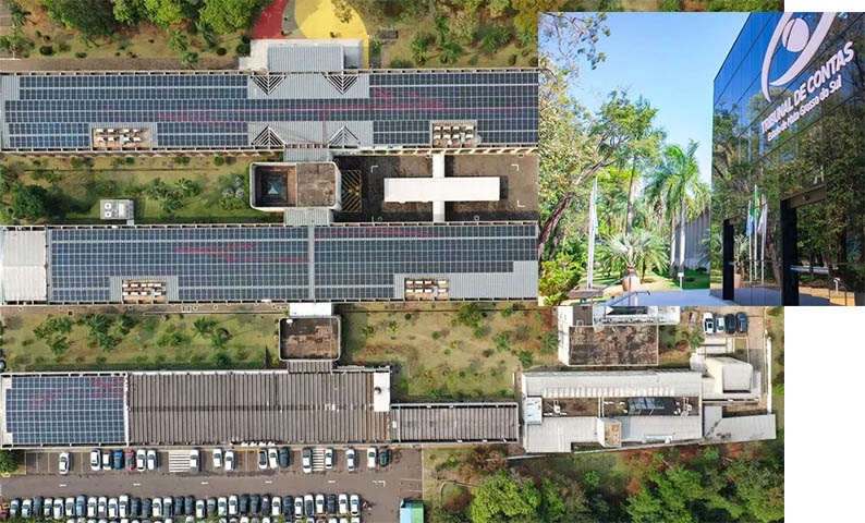 Vista aérea mostra as placas solares instaladas no prédio do Tribunal de Contas de Mato Grosso do Sul, que abastecem 70% do consumo de energia do local. No detalhe, entrada principal da sede em Campo Grande.