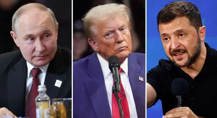 Presidente da Rússia, Vladmir Putin, presidente dos EUA, Donald Trump e presidente da Ucrânia, Volodymyr Zelensky