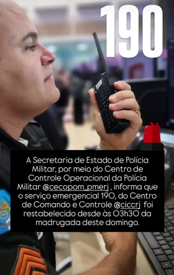 PM do Rio informou em redes sociais o apagão no sistema 190, usado para comunicar emergências