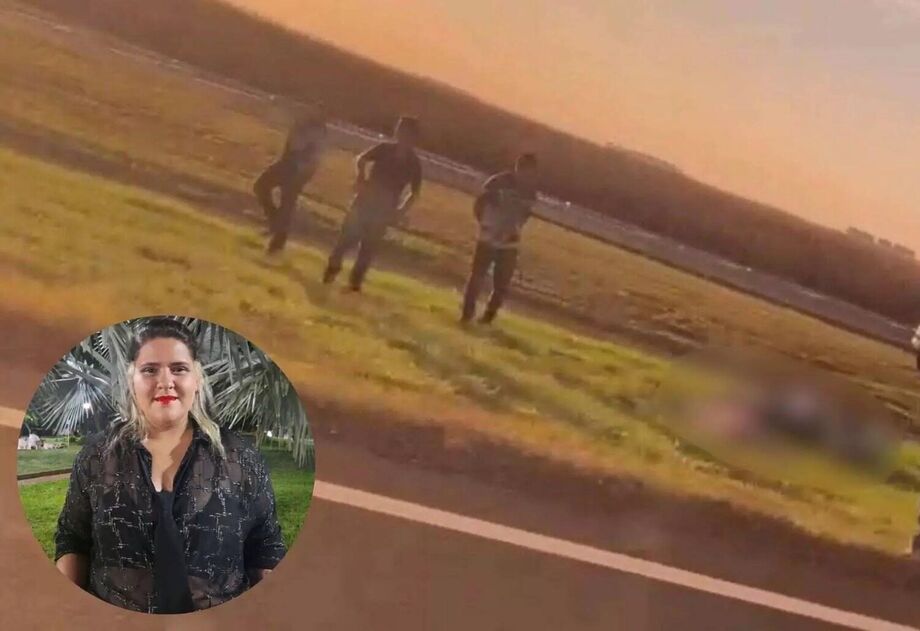 Cena do local onde ocorreu o acidente fatal de motocicleta em Chapadão do Sul. Inserção: a vítima, Késsia Lacerda, de 30 anos, filha de empresário paulista.