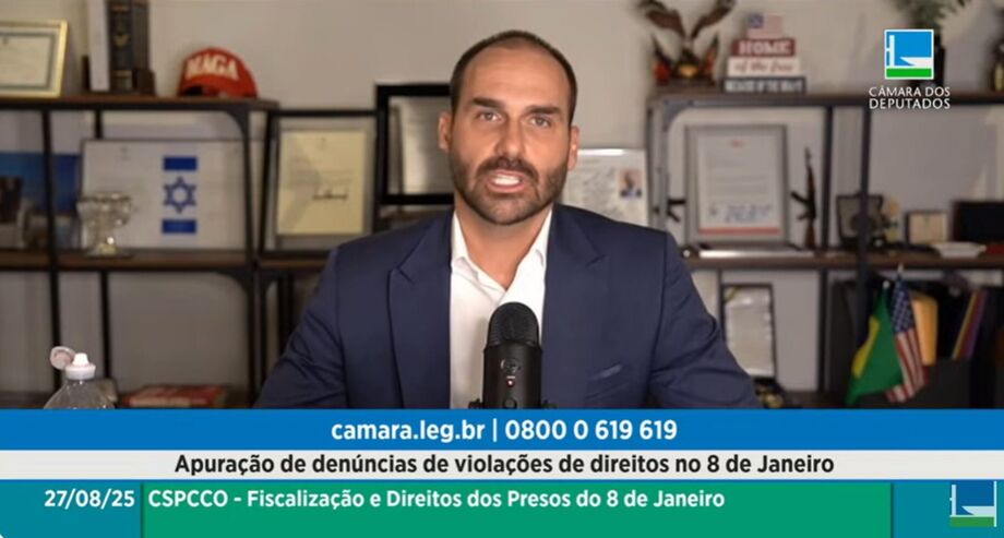 Eduardo Bolsonaro (PL-SP) participa dos Estados Unidos de sessão de subcomissão da Câmara sobre 8 de Janeiro.