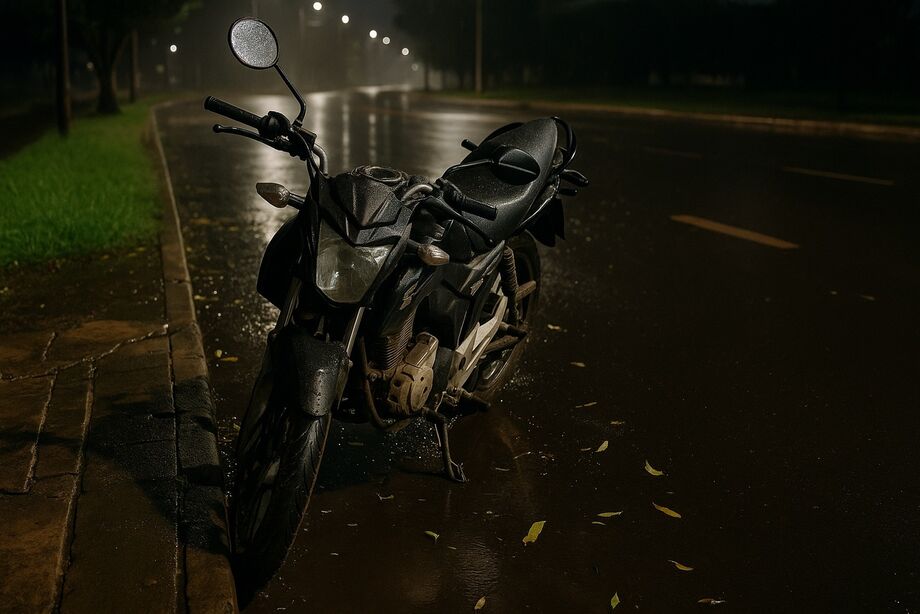 Motocicleta danificada após queda em madrugada chuvosa em Campo Grande (MS); veículo foi removido para o pátio do Detran