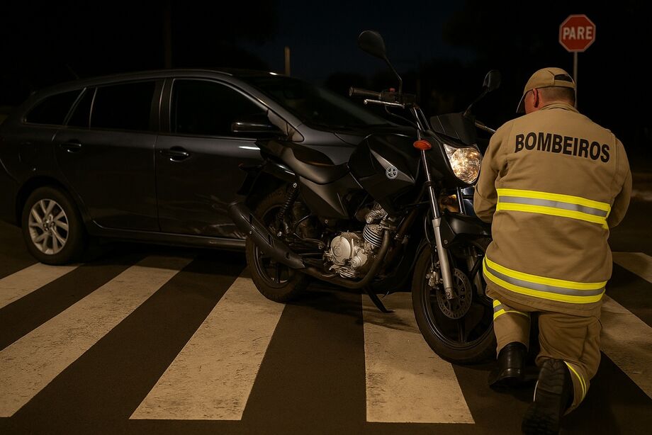 Motociclista foi socorrido pelos Bombeiros após colisão com carro na avenida Tamandaré, em Campo Grande, na tarde de terça-feira (12).