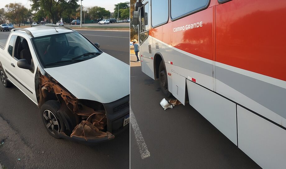 Picape e ônibus colidem na Costa e Silva, em Campo Grande; acidente próximo à UFMS não deixou feridos