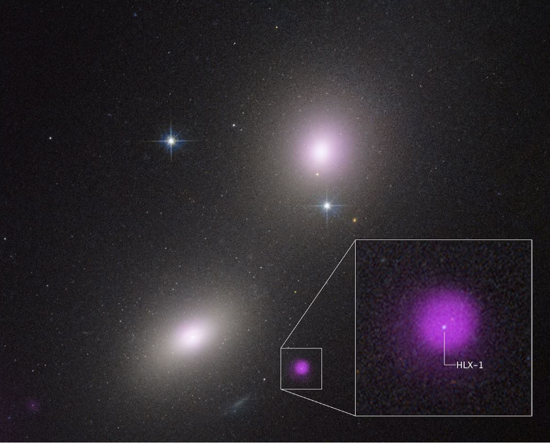 Imagem captada pelo telescópio Espacial Hubble das galáxias NGC 6099 (embaixo à esquerda) e NGC 6098 (em cima à direita). A mancha roxa representa a emissão de raios X, gerado pela destruição de um estrela por um buraco negro de massa intermediária.
